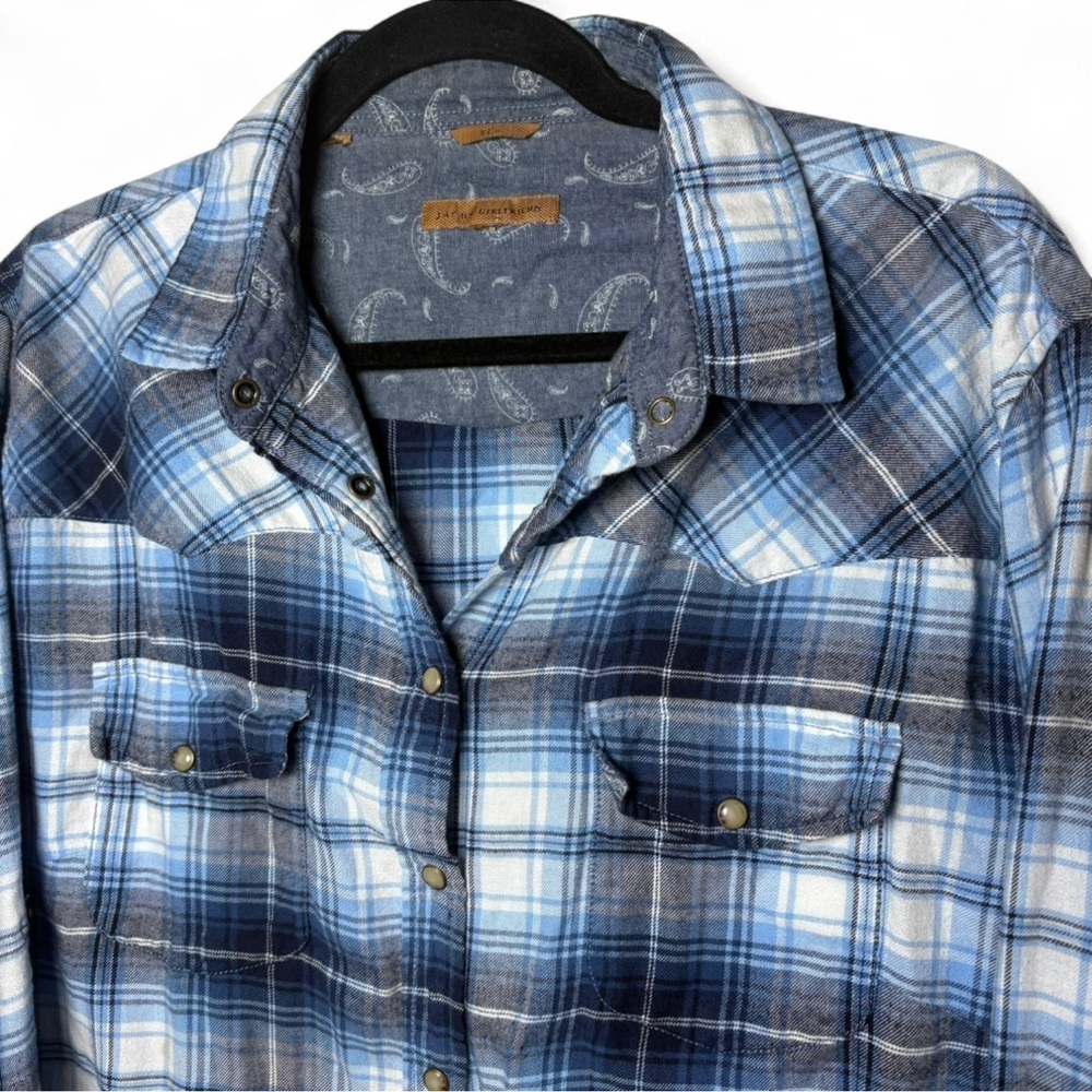 Jachs Girlfriend Blue Plaid Flannel Button Down Shirt | Cotton Western Style - Picture 2 of 7